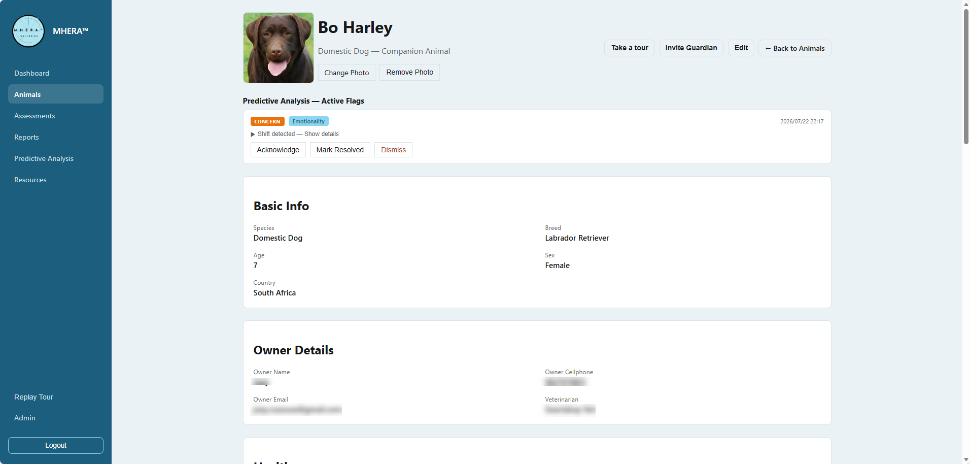 MHERA™ animal profile with predictive analysis flag